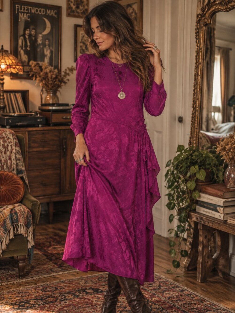 Vintage Fuchsia Long Sleeve Dress